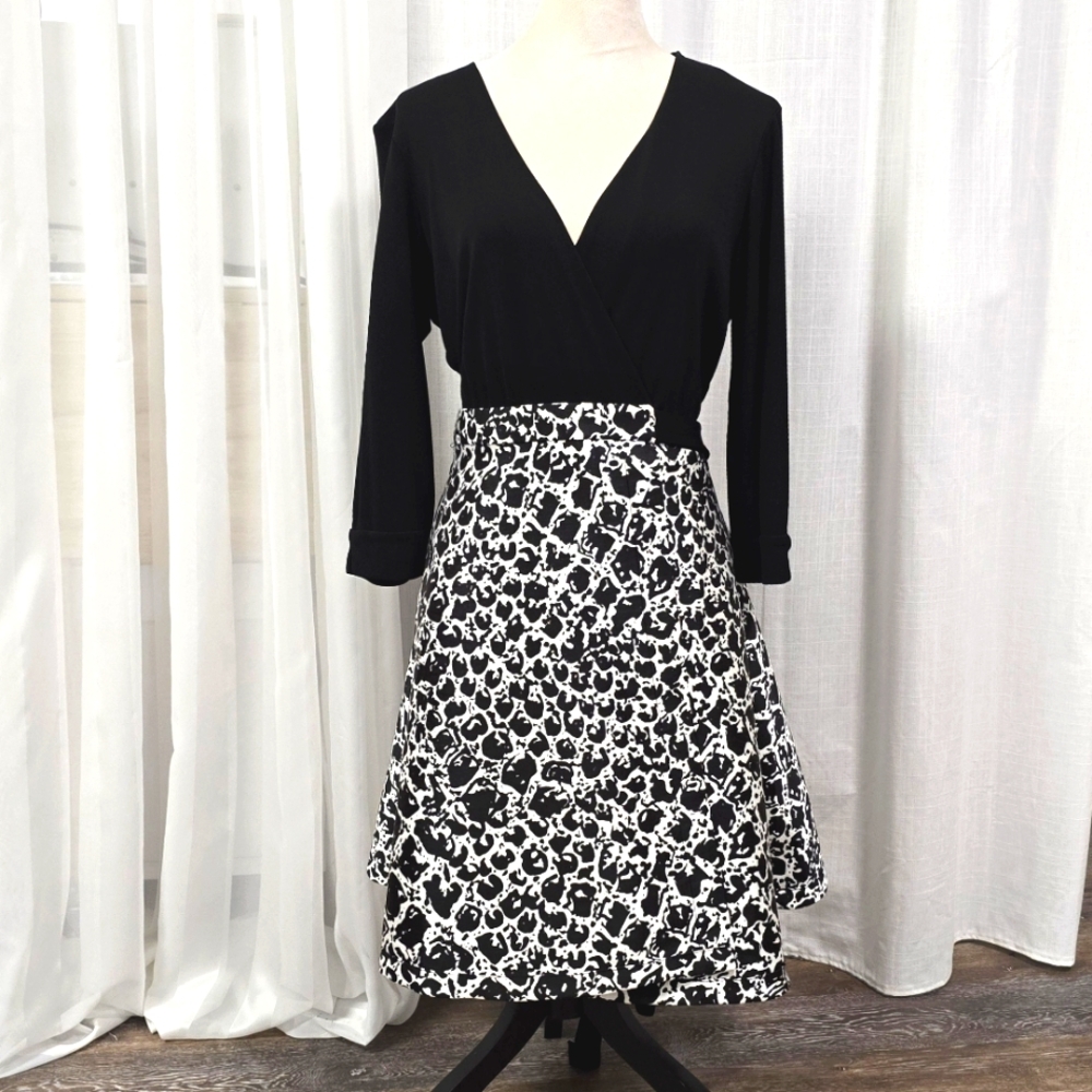 Diane Von Furstenberg Black Top with Black and White Printed Midi Skirt